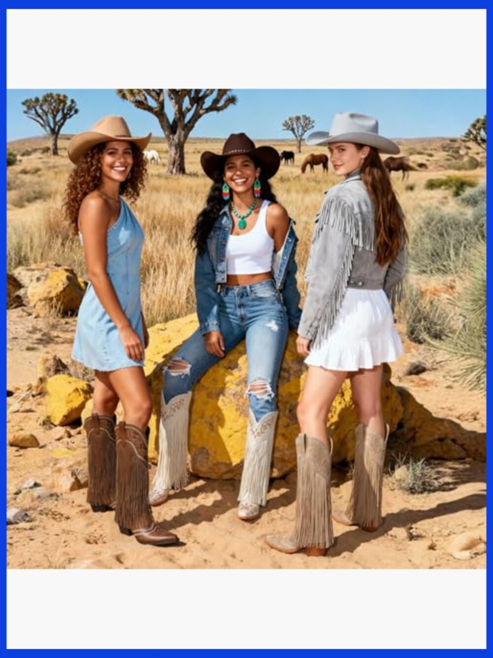 Fringe Knee High Cowboy Boots Embroidered Western Chunky Heel Slip On - Picture 2 of 7